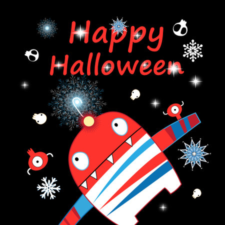 Halloween greeting card with a funny monster and skulls on a dark backgroundのイラスト素材