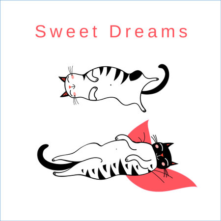 Vector funny card with sleeping graphic cats on a white backgroundのイラスト素材