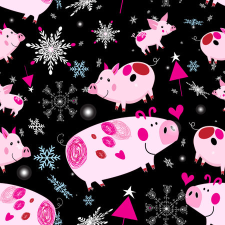Seamless festive Christmas pattern with pink piglets on a dark background with snowballs and Christmas treesのイラスト素材