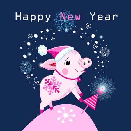Greeting Christmas card with a funny pig and a Christmas tree on a blue background with snowflakesのイラスト素材