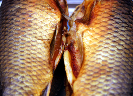 Photo of beautiful red fresh tasty fish macro on shop windowの写真素材
