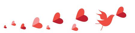 Festive Valentine vector with red hearts and a bird on white. Flat festive design for banner.のイラスト素材