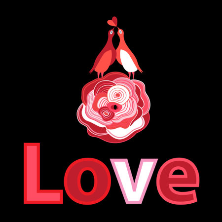 Festive greeting card in love with birds and flower on a dark backgroundのイラスト素材