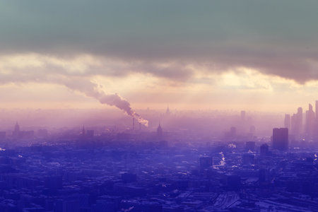 Beautiful winter photo of Moscow panorama with landmarks from above at sunsetの写真素材