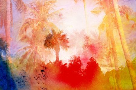 Beautiful photo background watercolor retro palm trees in the tropics