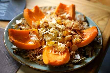 Macro photo of delicious pumpkin with rice and raisins in a cafe in Yerevanの写真素材