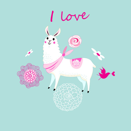 Vector greeting card funny love Alpika animal and bird on a floral spring backgroundのイラスト素材