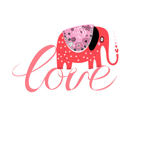 Funny red elephant in love on the inscription love isolated on a white backgroundのイラスト素材