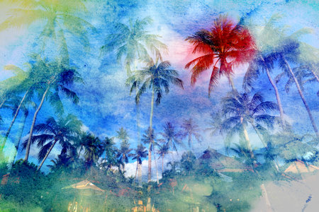 Watercolor beautiful retro tropics palm trees background see different shades. Examples for an advertising poster or web page.の写真素材