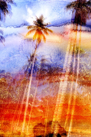 Watercolor beautiful retro tropics palm trees background see different shades. Examples for an...