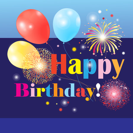 Congratulatory funny illustration to the birthday with balls and salute. Template greeting card or poster.のイラスト素材