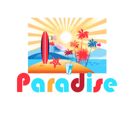 Bright summer color landscape with palm trees and beach on a sunny background. Icon advertising tourism and travel to tropical islands.のイラスト素材