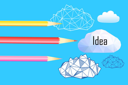 Vector poster with pencils and clouds on a blue background. Design template for design idea for webpage or book cover.のイラスト素材