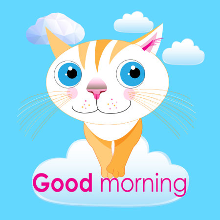 Graphics vector big funny cat in the clouds of good morning. Bright postcard with positive advertising.のイラスト素材
