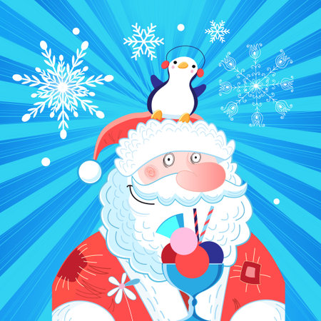Vector bright New Year card with Santa Claus and a penguin on a blue background with snowflakes. Template for design postcard or poster.のイラスト素材