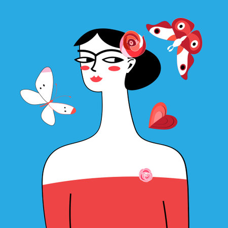 Bright graphic portrait of a beautiful woman with roses and butterflies on a blue backgroundのイラスト素材