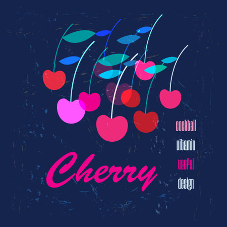 Vector graphic color poster with cherries on a blue background. Advertising berries for packaging...