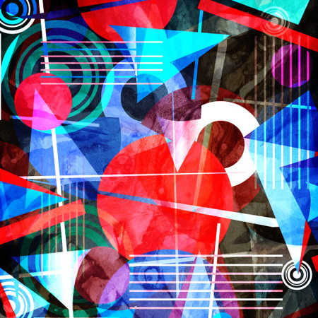 Abstract watercolor background with geometric color objects and interesting shapesの写真素材