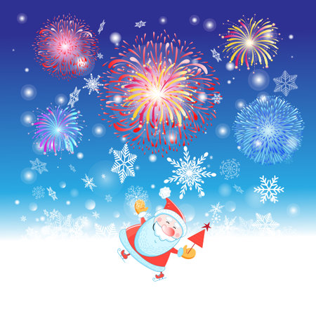 Bright festive Christmas card with Santa Claus on the background with snowflakes and fireworks.のイラスト素材