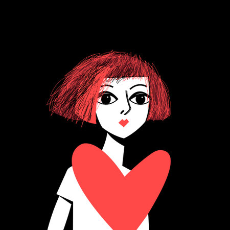Vector portrait of a girl in love with a heart on a dark backgroundのイラスト素材
