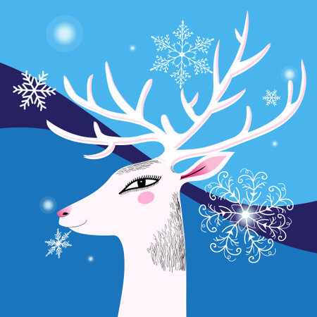 Vector Christmas lovely portrait of reindeer on blue background with snowflakesのイラスト素材