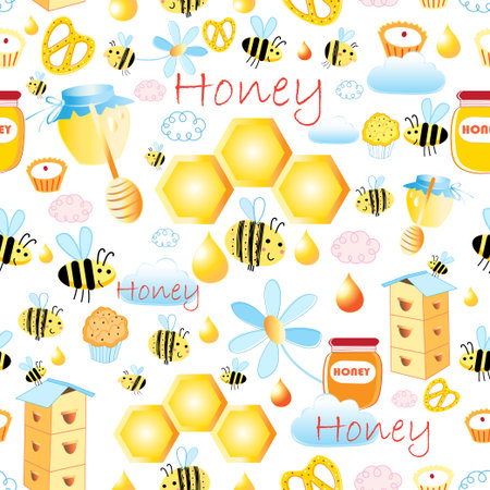 Lovely seamless pattern with bees and honey on a light background. Design with honey combs and bees.のイラスト素材