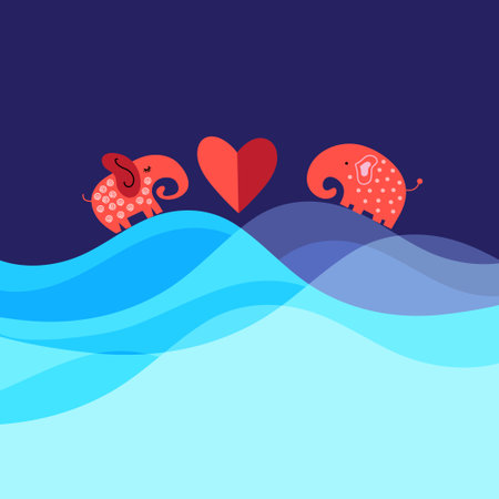 Bright funny loving elephants with a heart on a blue backgroundのイラスト素材