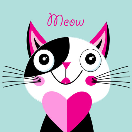 Cheerful portrait of a vector cat in love with a heart on a blue background. For Valentine's day.のイラスト素材