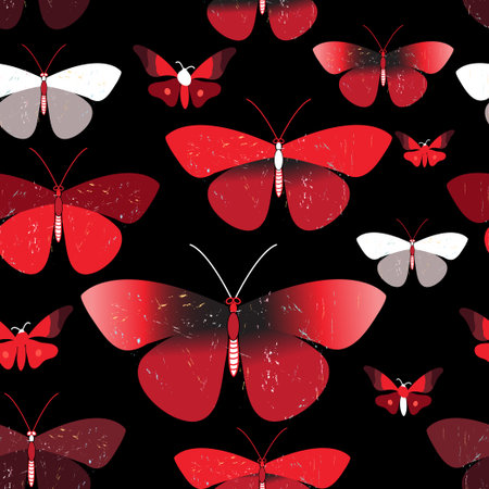 Seamless bright pattern of red butterflies on a dark background. Template for Wallpaper or fabric.のイラスト素材