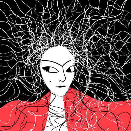 Beautiful graphic portrait of a mysterious woman with hairのイラスト素材