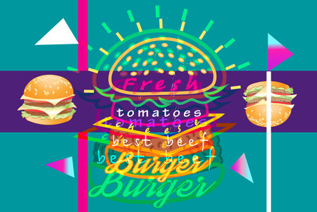 Illustration vector poster with Burger pop art on a bright backgroundのイラスト素材