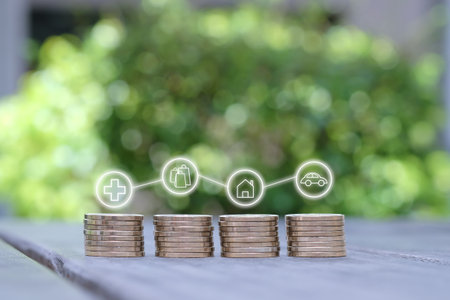 Stack of coin and circle of icon for perfect life, health care, buy new house, shopping by lifestyle, buy new car. thinking for future, plan to keep money and insurance concept.の写真素材