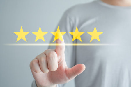 Customer Experience, Satisfaction, Feedback, Review, Evaluation concept. Client click on five yellow...