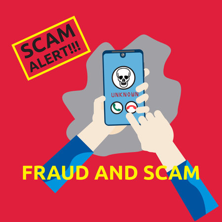 Vector illustration of a smartphone with a warning scam and fraud alert . Scam, phishing and fraud alert for smartphone user.のイラスト素材