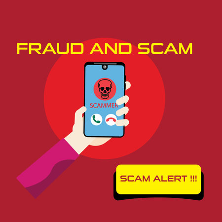 Vector illustration of a smartphone with a warning scam and fraud alert . Scam, phishing and fraud alert for smartphone user.のイラスト素材
