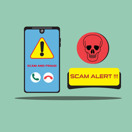 Vector illustration of a smartphone with a warning scam and fraud alert and a skull. Scam, phishing and fraud alert for smartphone user.のイラスト素材