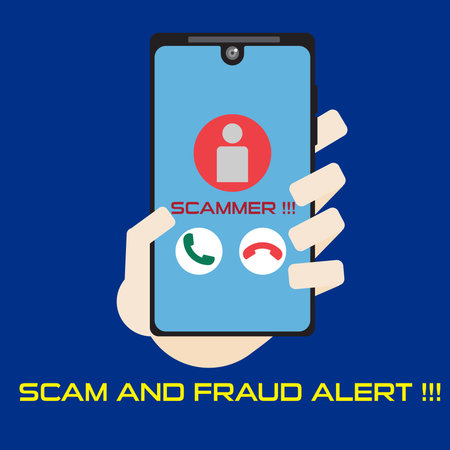 Vector illustration of a smartphone with a warning scam and fraud alert . Scam, phishing and fraud alert for smartphone user.のイラスト素材