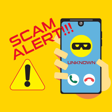 Vector illustration of a smartphone with a warning scam and fraud alert . Scam, phishing and fraud alert for smartphone user.のイラスト素材