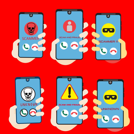 Vector illustration of a smartphone with a warning scam and fraud alert . Scam, phishing and fraud alert for smartphone user.のイラスト素材
