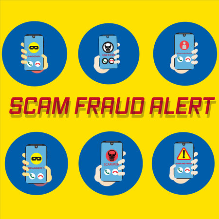 Vector illustration of a smartphone with a warning scam and fraud alert . Scam, phishing and fraud alert for smartphone user.のイラスト素材