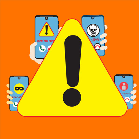 Vector illustration of a smartphone with a warning scam and fraud alert . Scam, phishing and fraud alert for smartphone user.のイラスト素材