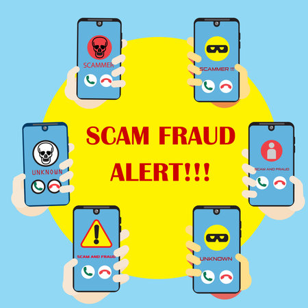 Vector illustration of a smartphone with a warning scam and fraud alert . Scam, phishing and fraud alert for smartphone user.のイラスト素材