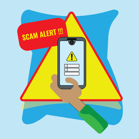 Vector illustration of a smartphone with a warning scam and fraud alert . Scam, phishing and fraud alert for smartphone user.のイラスト素材