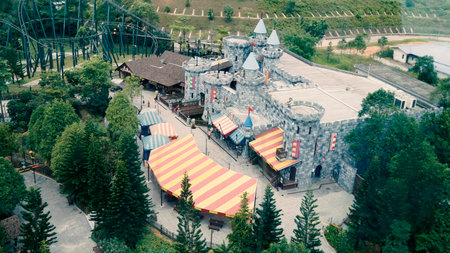 Johor, Malaysia, 20th Jan 2021 - Scenery of miniature model made of Lego bricks at Legoland, Johor, Malaysia from above. Selective focus. Contains noise and grainのeditorial素材