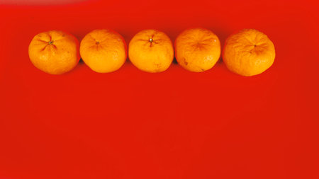 5 Mandarin oranges for Chinese New year celebration and decoration on red backgroundの写真素材