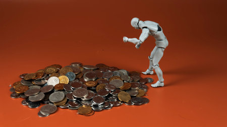 Financial Problem Concept.People having financial problem. Selective focus of a doll sitting on the bench holding the head due to financial problem with coin in the botlle scatered around the dollの写真素材