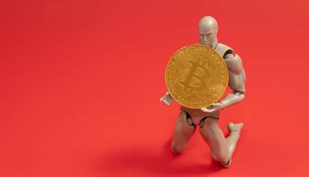 Bitcoin Cryptocurrency. Digital Currency of The Future. Selective focus of a doll on the knee...