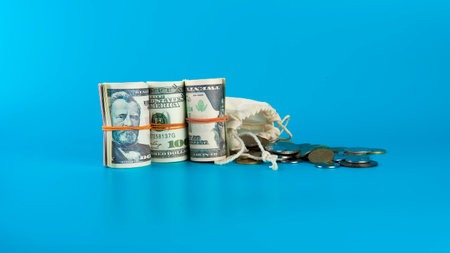 Saving Concept. Selective focus on the money and coins isolated on blue background