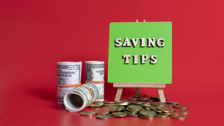 Money saving tips concept. Selective focus on the green board  with a text saving tips. How to save...
