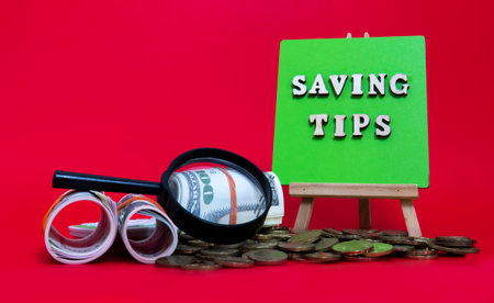 Money saving tips concept. Selective focus on the green board  with a text saving tips. How to save...